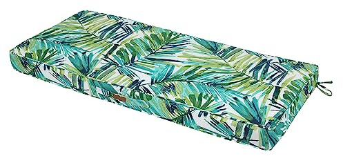 Magpie Fabrics Outdoor Bench Cushion 42 x 18 Inches, Settee Loveseat Pads with Handle and Ties for Garden Patio Backyard Porch Sofa Couch Swing (Green Palm Leaves)