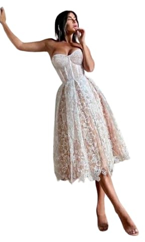 Generico Abito Donna Scollo Cuore Bustier Gonna Svasata Pizzo Elegante Bianco/Taglia Unica