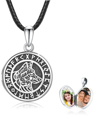 REDSUN Wolf Head Photo Locket Necklace 925 Sterling Silver Foto Medaillon zum öffnen Anhänger Halskette Damen Tier Wolf Schmuck Amulett for Men Son Women Boys Gift