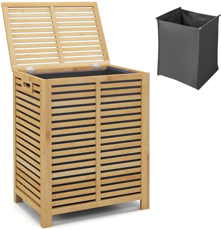 RELAX4LIFE Bamboo Laundry Basket, 80L Large Laundry Hamper with Lid & Handles, Removable Liner Bag, Freestanding Storage Laundry Clothes Bin for Bathroom, Living Room, Bedroom (Wide Slats) | with Lid & Handles, Removable Liner Bag, Freestanding Storage Laundry Clothes Bin for Bathroom, Living Room, Bedroom