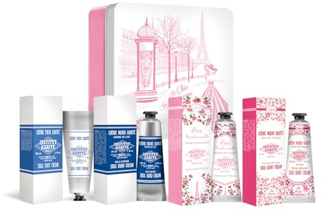 INSTITUT KARITE PARIS Rose Mademoiselle Metal Box - 4 Hand & Foot Creams Rose, Milk, Cherry Blossom, Milk Foot Cream Shea-Butter Moisturizer Nourishing Unisex for Healthy Skin & Nails (30ml x 4)