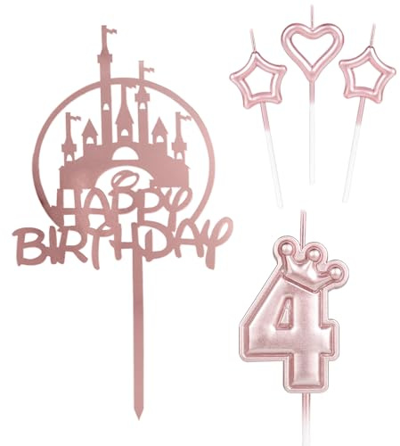 Happy 4th Birthday Castle Cake Toppers, Pink Crown Number 4 Candle, Cupcake Topper for Girls' Birthday Party & Wedding Anniversary Decorations