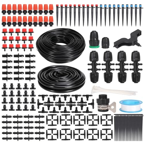 YAKHAN 60M 1/4 Inch + 9M 1/2 Inch 230FT Drip Irrigation System Kit, 221 PCS Automatic Garden Watering DIY System, Garden Automatic Irrigation Equipment for Lawn, Greenhouse, Flower Beds, Pot Plants