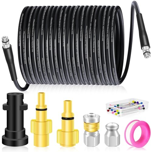 15M Pressure Washer Drain Pipe Sewer Blockage Hose Cleaning Kit with Jet Nozzle and Rotating Jet Nozzle for Karcher K2-K7 Series,3 Adapters Replacement for Bosch, Lavor Pressure Washer (A)