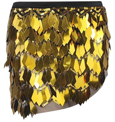 Quasten Röcke Rave Rock Damen Bauchtanz Gürtel, Pailletten Rock Chiffon Hüfttuch, Tanztuch mit Münzen, Metallic Glitzer Karneval Faschingskostüme Fransenrock Mini Rock Party (XX2-Gold, One Size)