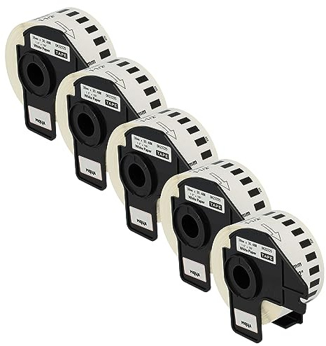 vhbw 5x Etiketten-Rolle mit Halter 38mm x 30,48m (1 Etikette) kompatibel mit Brother PT QL-710W, QL-720, QL720NW Etiketten-Drucker Weiß