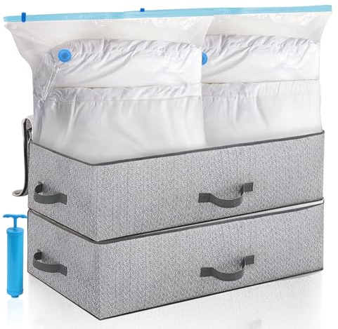 Leavans 2 Pezzi 68L Contenitori Portaoggetti Sottoletto,2 Sacchetti Sottovuoto Salvaspazio,1 Pompa,Contenitori Sottoletto per Vestiti con Maniglia Rinforzata per Vestiti Coperte Piumoni