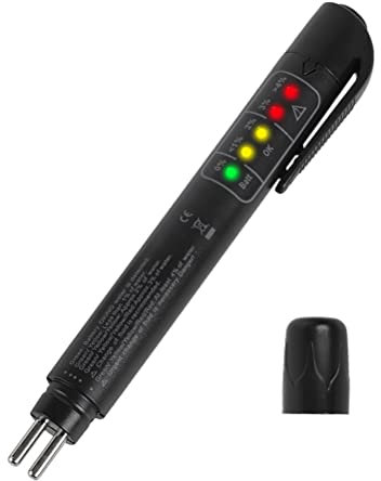 Keenso Bremsflüssigkeits-Prüfstift, Bremsflüssigkeitstester Tragbarer Bremsflüssigkeits-Prüfstift mit 5 LED-Anzeigen für DOT3 DOT4 Fahrzeug-Kfz-Bremsflüssigkeitstester (Black)