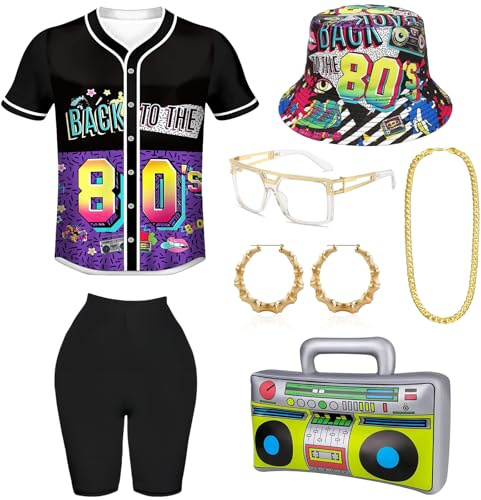 80er & 90er Jahre Outfit,Hip Hop Lockere Oberteile Fischerhüte Gläser Ohrringe Halskette,Aufblasbar Hip Hop Radio,mit 80er Jahre Accessoires Fasching Hip Hop Thema Party Kostüm Damen Herren - L
