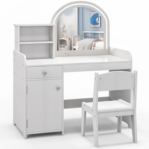 GYMAX Kids Vanity Table and Chair Set, Children Dressing Table with 2-Color LED Lighted Mirror, Drawer, Shelves and Cabinet, Wooden Girls Make up Table Set for Bedroom (White)
