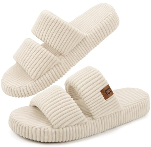 LongBay Slippers for Women Memory Foam Open Toe Slide Indoor House Shoes Slip On Bedroom Comfy Gift Beige, 9-10