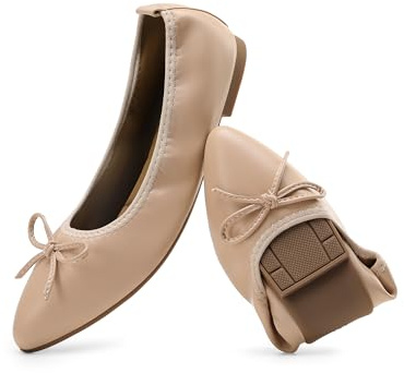 DREAM PAIRS Zapatos planos plegables para mujer, con puntera puntiaguda, con lazo, cómodos, sin cordones, zapatos de vestir, Desnudo/, 38.5 EU