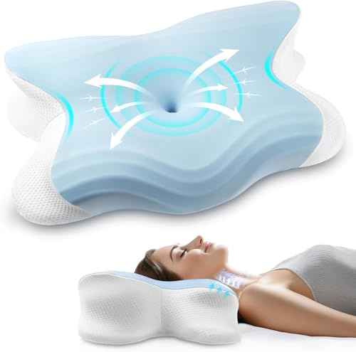 Honfay Memory Foam Kopfkissen, Ergonomisches Schmetterlingskissen Nackenstützkissen Schlafkissen für Seitenschläfer Rückenschläfer Bauchschläfer Größe L - Blau