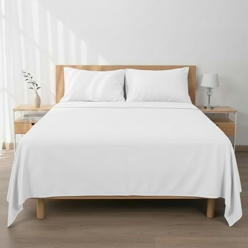 Etrexonline Conjunto de Sábanas 3 Piezas Cama 105 cm - Microfibra Ultra Suave Incluye 1 Bajera 105x200+28 cm, 1 Encimera 180x270 cm, y 1 Fundas de Almohada 50x130 cm - Color Blanco Liso