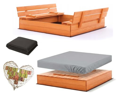 Sandkasten aus Holz 120x120 Imprägniert mit Premium Wasserfeste Abdeckung Oxford Sandbox Sitzbänken Deckel Sandkiste Sandkastenvlies