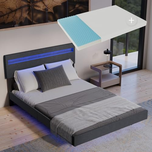 Juskys Schwebebett Lissabon 140x200 cm dunkelgrau mit Matratze - Polsterbett mit LED, Lattenrost und Kopfstütze - Modernes Bett mit Holz Bettgestell und Leinen