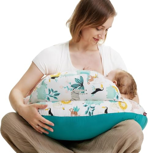 momcozy Cojín de Lactancia con Borde de Seguridad – Cojín ergonómico de Lactancia y Lactancia con Correa Ajustable y Funda de algodón extraíble, Animal y Bosque