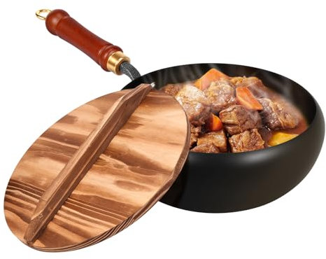Poêle en fer avec manche en bois, 24 cm, poêle en fer non revêtue antiadhésive, japonaise, ronde, polyvalente, pour la cuisine, au restaurant ou à la maison (avec couvercle)