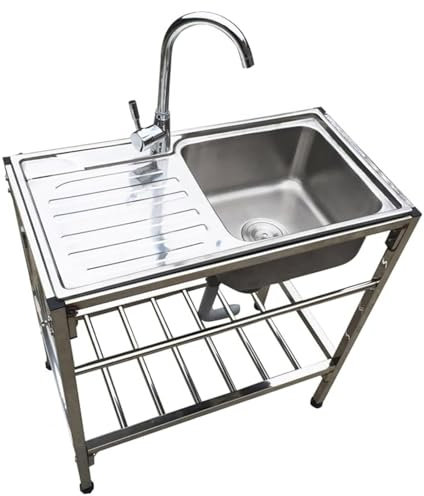 Free Standing Catering Commercial Sink Stainless Steel Utility Sink with Faucet for Indoor Outdoor with Storage Shelves(Size:75x40x77cm)