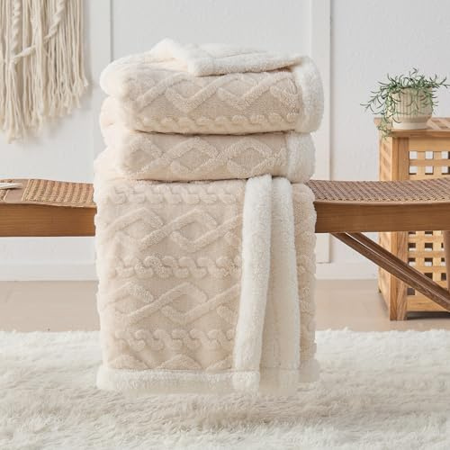DECMAY Plaid Couverture Polaire 200x230, Jeté de Canapé Couverture Lestée en Sherpa, Taffetas Double Face 3D Câble Plaid Jete de Canapet, Chaud Hive Dessus de lit, Beige