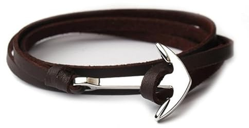 Pulsera de ancla plateada cordón de cuero marrón
