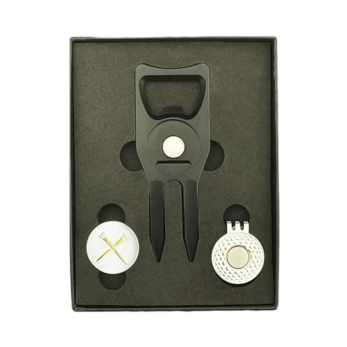 Personalisierbares Golf-Set – Premium Pitchgabel mit Ballmarker und magnetischem Hutclip, 6-in-1 Golf-Reparaturwerkzeug mit Flaschenöffner, Rillenreiniger, Geschenk-Box-Präsentation (schwarz)