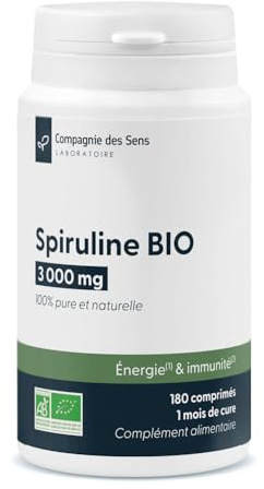 Spiruline BIO (Spirulina platensis) – 3000 mg/jour (6 comprimés) – 180 comprimés – 100% pure et naturelle – Sans additif – Végan – Fabriqué en France – Conditionné à Lyon