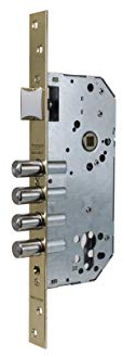 Tesa Assa Abloy Cerradura de seguridad monopunto R200B de 4 bulones de cierre y picaporte, sin cilindro, entrada de 50mm, escudo E700L, acabado hierro latonado