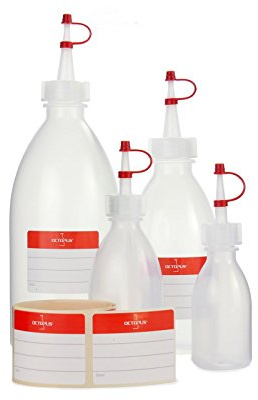Octopus 4x Plastikflaschen 50, 100, 250, 500 ml aus LDPE, natur, Tropfverschluss, rotes Halteband und Käppchen