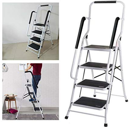 4 Stufen Klappleiter mit Handlauf Trittleiter Klappbar Tragbare kompakte Leiter Rutschfeste Matte Einfache Aufbewahrung Stehleiter für Home Kitchen Office DIY 150 kg max Belastung