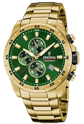 Festina Herrenuhr Analog aus Edelstahl 316l Goldfarben F20541/3 | Quarzwerk, Chronograph, Kalender, Widerstandsfähiges Mineralglas