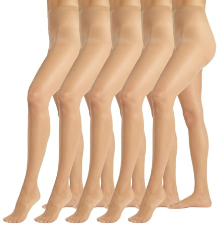 PIKY PACK 5 PAIRS Women's Tights, Sheer Pantyhose, Shiny Nylons Stockings 15 DEN | Natural, Black | S, M, L, XL | Made in Italy (L, Skin)