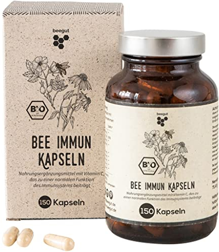 beegut BIO beeImmun 150 Kapseln mit der Weisheit der Bienen (Propolis & Gelée Royal) plus natürlichem Vitamin C, Hagebutte, Reishi & Echinacea in nachhaltiger Verpackung
