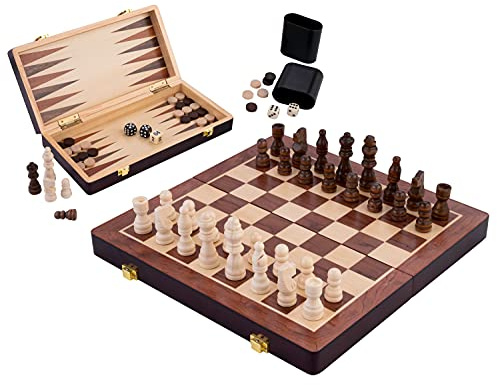 Engelhart - 150207 - Coffret de Jeux en Bois 2 en 1 - Échecs et Backgammon Réversible - Pliant - Bois de Frêne - Pièces Sculptées Incluses - 30 cm - Jeu de société