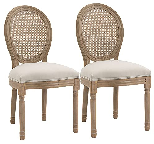 HOMCOM Lot de 2 chaises de Salle à Manger - Chaise de Salon médaillon Style Louis XVI - Bois Massif sculpté, patiné - Dossier cannage - Aspect Lin Crème