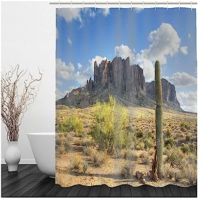 Shower Curtain Waterproof, Duschvorhang Motiv Berge Braun Blau Duschvorhang 90x180 Polyester Bad Vorhang Badezimmer Dekoration