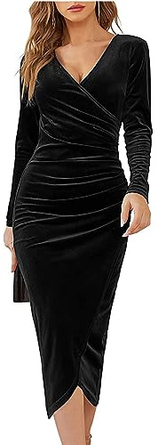 XIVISTO Cerimonia Abito da Donna in Velluto Lungo Elegante Vestito con Scollo a V Maniche Lunghe Vintage Bodycon Feste Vestito da Cocktail Natale Autunno Inverno
