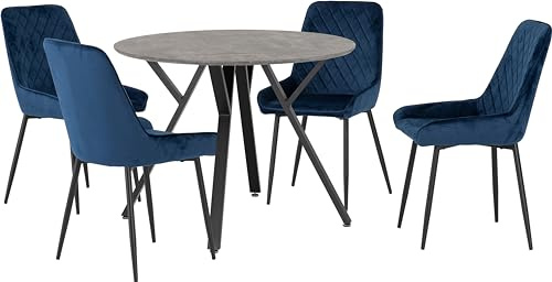 Seconique Athens Round Dining Table Set with 4 Avery chairs,Concrete/Blue