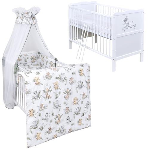 Babybett Komplett Set Max Prince 60x120 weiß Kinderbett umbaubar zum Juniorbett inkl. Bettwäsche Set Komplett (Dschungel)