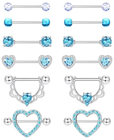 Diamday 6 Paires Piercing Teton pour Femme 316L Acier Chirurgical Langue Piercings 14G Piercing Tetons Hypoallergénique CZ Coeur Barbell de Téton Mamelons Piercings Langue Tétons Femme