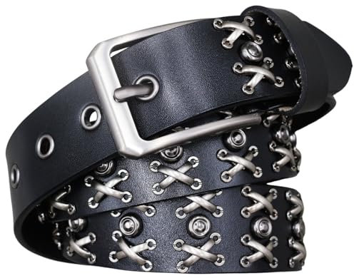 AGUTALITHIC Punk Nietengürtel Damen und Herren Kreis Kreuzniet Gürtel mit Hip Hop Style Cosplay Ledergürtel Rock Guertel für Oder Gothic-Outfits(105cm/41, Black)