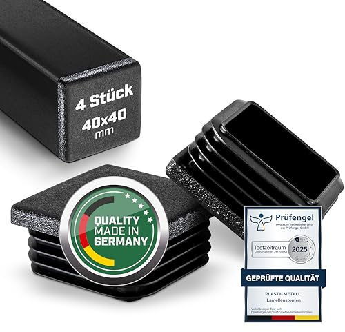 plasticmetall® Lamellenstopfen 40x40 mm für Vierkantrohr [4 STK] I Quadratische Rohrstopfen aus PE - Ideal für Aluprofil, Gartenmöbel & Stuhlbeine I Verschlussstopfen mit FUNKENEROSION-Struktur