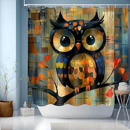 Cortina Ducha 180x180 cm,Cortina de Ducha Impermeable Poliéster Lavable con 12 x Ganchos, Cortinas de Baño con Dobladillo Ponderado,Búho