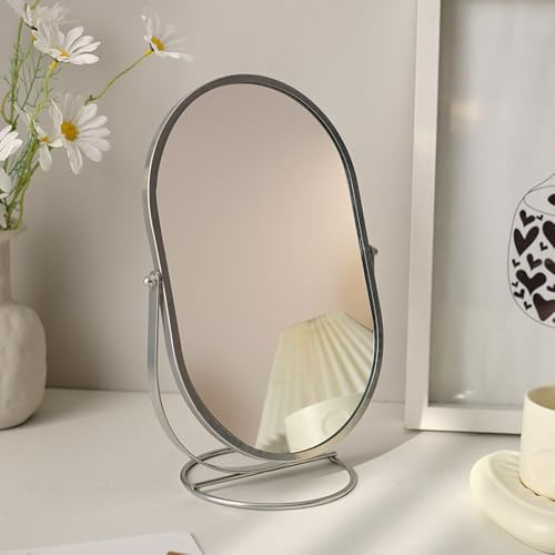 Hosoncovy Metal Frame Desktop Mirror with Stand Oval Dressing Table Tabletop Makeup Cosmetic Single Sided Full Length Mirror for Bathroom Bedroom (Silver)