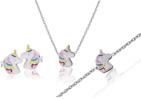 Sakrami Parure en argent 925 Licorne émaillée - Collection Kids + Coffret Cadeau Personnalisé - Parure pour Naissance Communion Baptême Anniversaire, taglia unica, Argent sterling, Pas de gemme