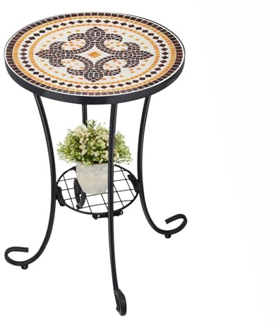 VCUTEKA Outdoor Side Table Mosaic Patio Table Accent Tables Mosaic Tile Top Metal Frame Small End Tables Porch Beach Patio Garden Balcony Tan