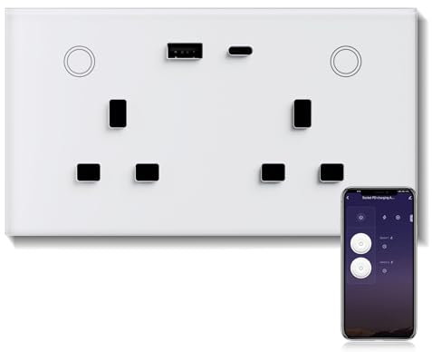 BSEED WiFi Socket 2 Gang with USB and Type C Compatible with Alexa and Google Home, Metered Socket With APP Remote Control Compatible with Smart Life, Timer Outlet Smart Outlet 16A White