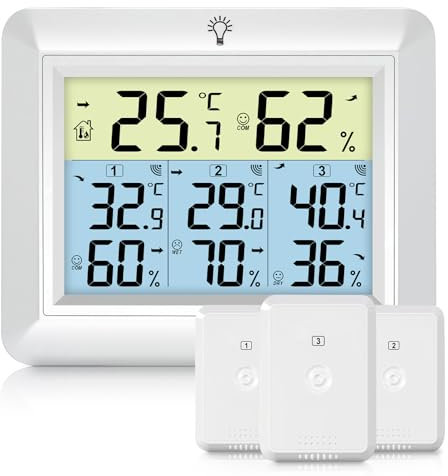 Urageuxy Thermomètre Intérieur Extérieur Sans Fil avec 3 Capteurs, Thermomètre et Hygromètre avec Rétroéclairage, Portée 100M, Enregistrement MIN/MAX, Précision Haute pour Maison, Jardin, Blanc