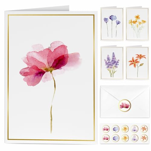 Lot de 30 cartes de vœux vierges élégantes en feuille d'or avec enveloppes, ensemble de papeterie parfait pour toutes les occasions, 5 motifs floraux assortis