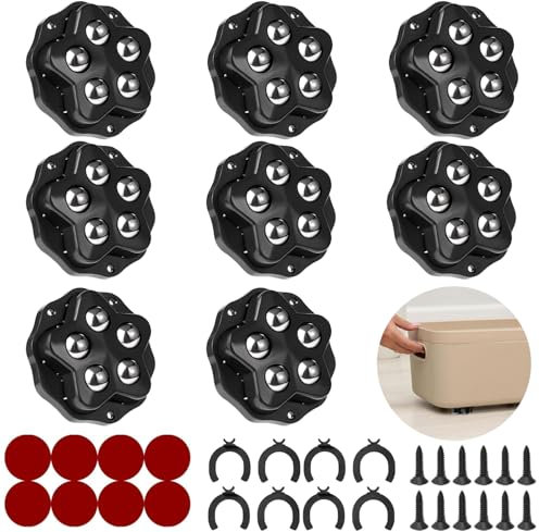 SkyJoy®mini roulettes pour meubles.8 roulettes à 5 billes chacune, capacité 300KG, avec adhésif et vis. Roue mobile universelle 360, roulette de meuble pour charges lourdes (Noir : 8 Pièces)